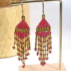 Beaded Tassel Earrings, Red and Gold Bead Dangle Earrings, Boho Jewelry Design